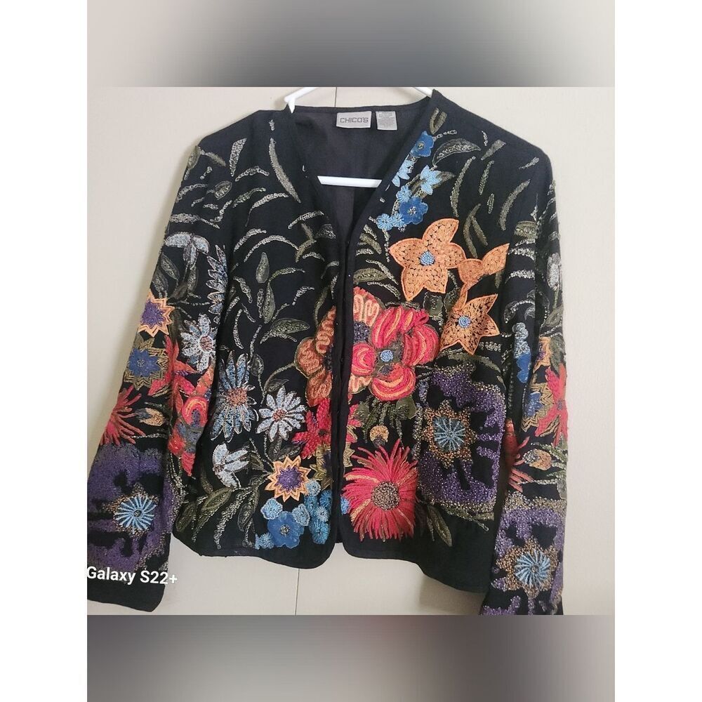 J53 Chico's Black Floral Embroidered and beaded Jacket with hook front closure